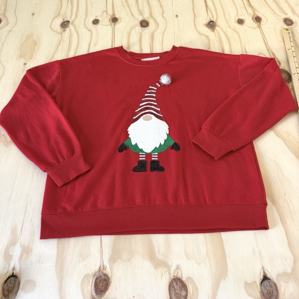 Red Holiday Festive Sweatshirt  Gnome Design on Front Philosophy Women's Medium